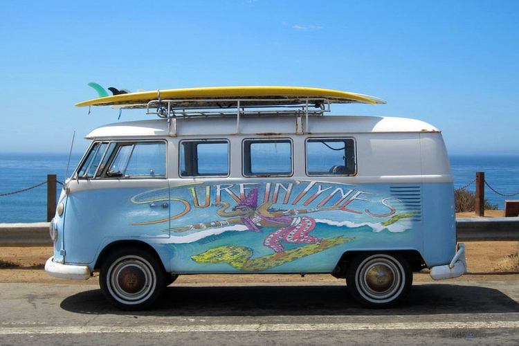 The SurfinTynes: the van seen inside the packaging of the band's debut album 'Surf Music For The 21st Century'