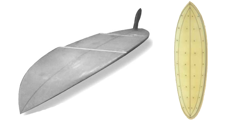 AL#3 (left) and the experimental nine-step air induction 6'10'' surfboard (right): the innovative Tom Morey designs