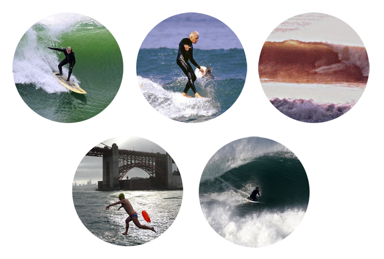 Bob Battalio, Robert Caughlan, George Domurat (top, from left to right), Brian Gerrity, and Tom Kendall (bottom, from left to right): the five civic-minded watermen propose a multi-purpose reef with beach nourishment for the City of Pacifica, California