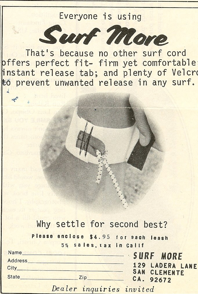 Surf More: the 1973 ad published in Surfing Magazine to promote the latest in bungee cord technology with Velcro closure for the strap | Photo: Surf More